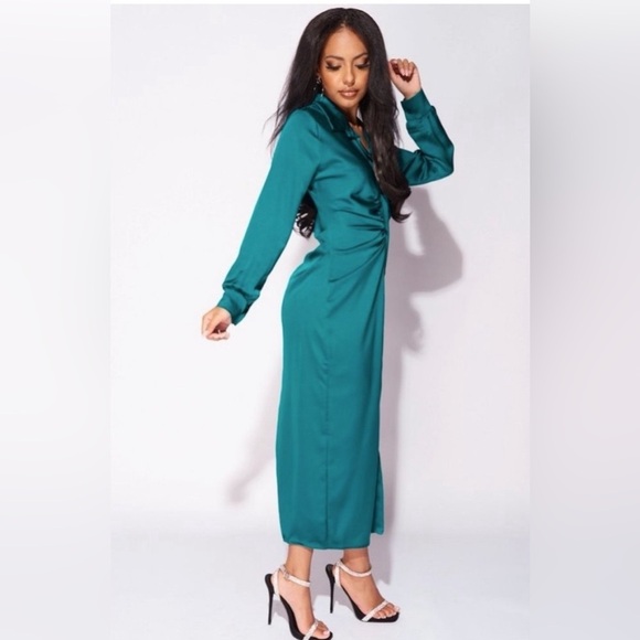 NWT Green Satin Silk Long Sleeve V-Neck Ruched Midi Shirt Dress Size L Large​ - Picture 2 of 10